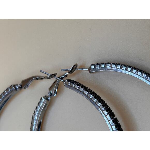 Large Silver Hoop Earrings with Black Crystal Accents - Picture 4 of 4